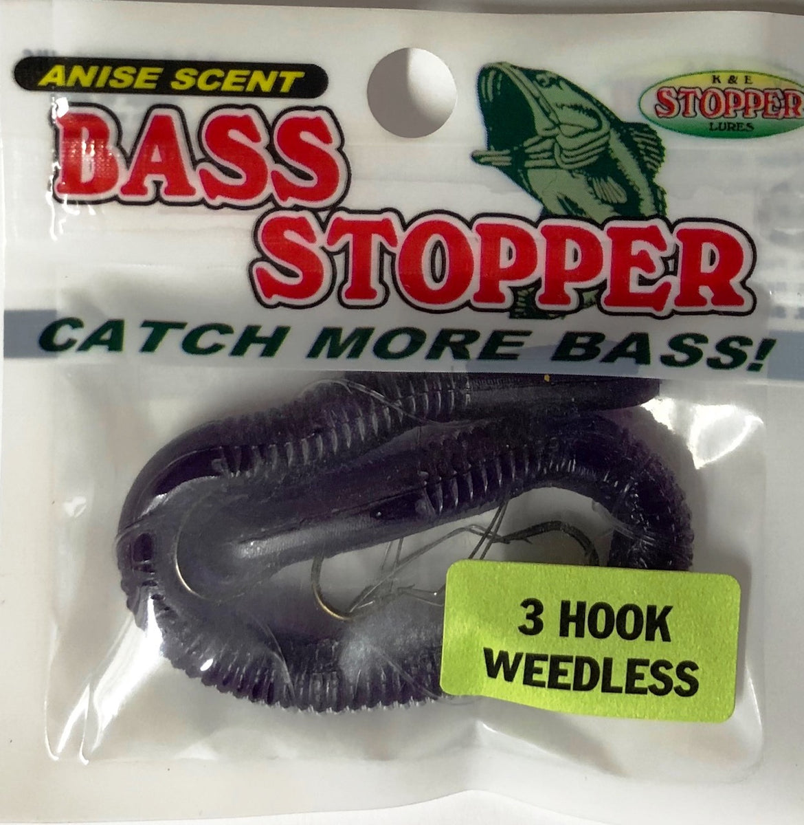 Bass Stopper 3 Hk Weedless Rigged Worms - 6 Pack